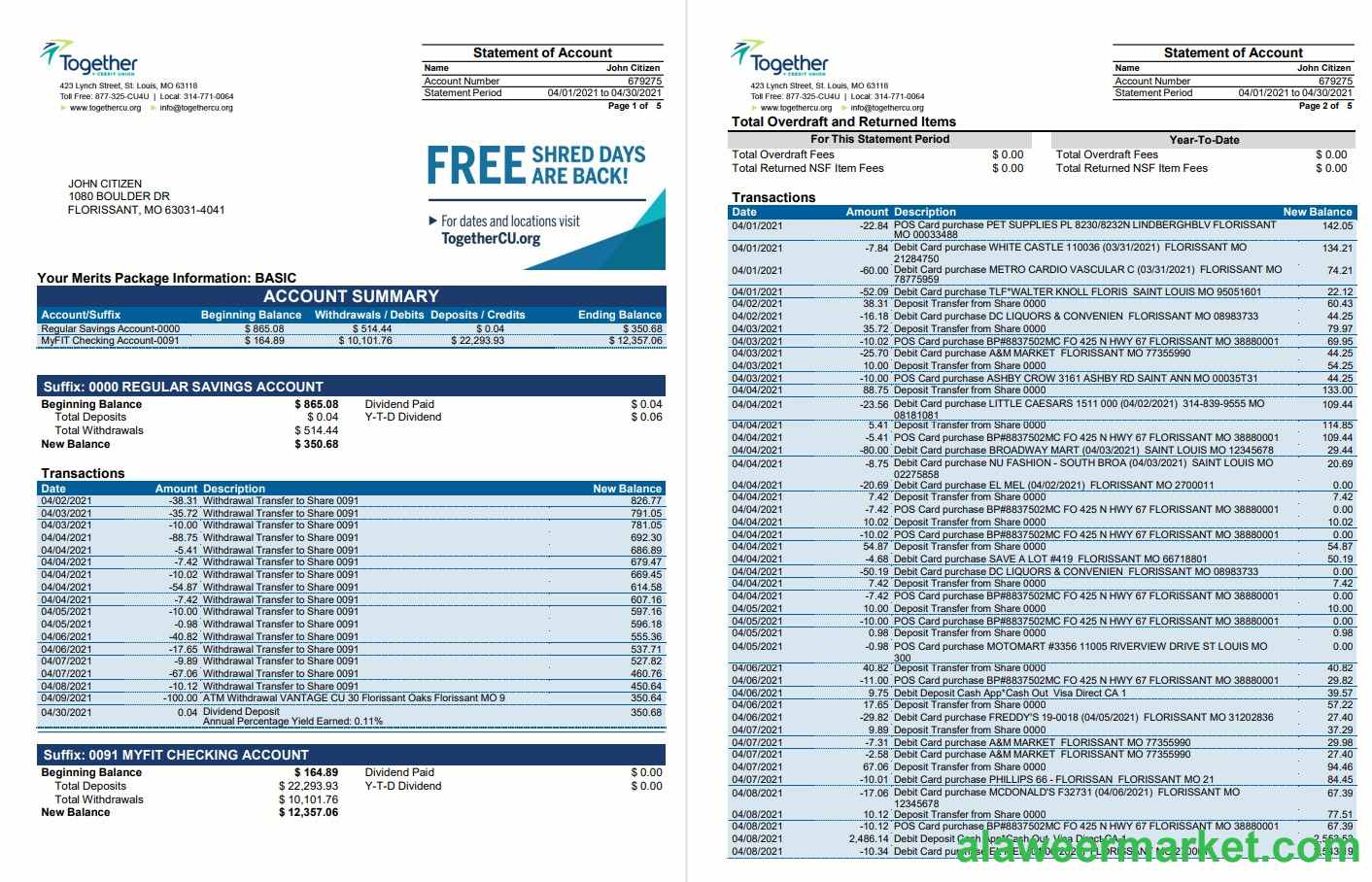 USA Missouri Together Credit Union bank word 6 pages